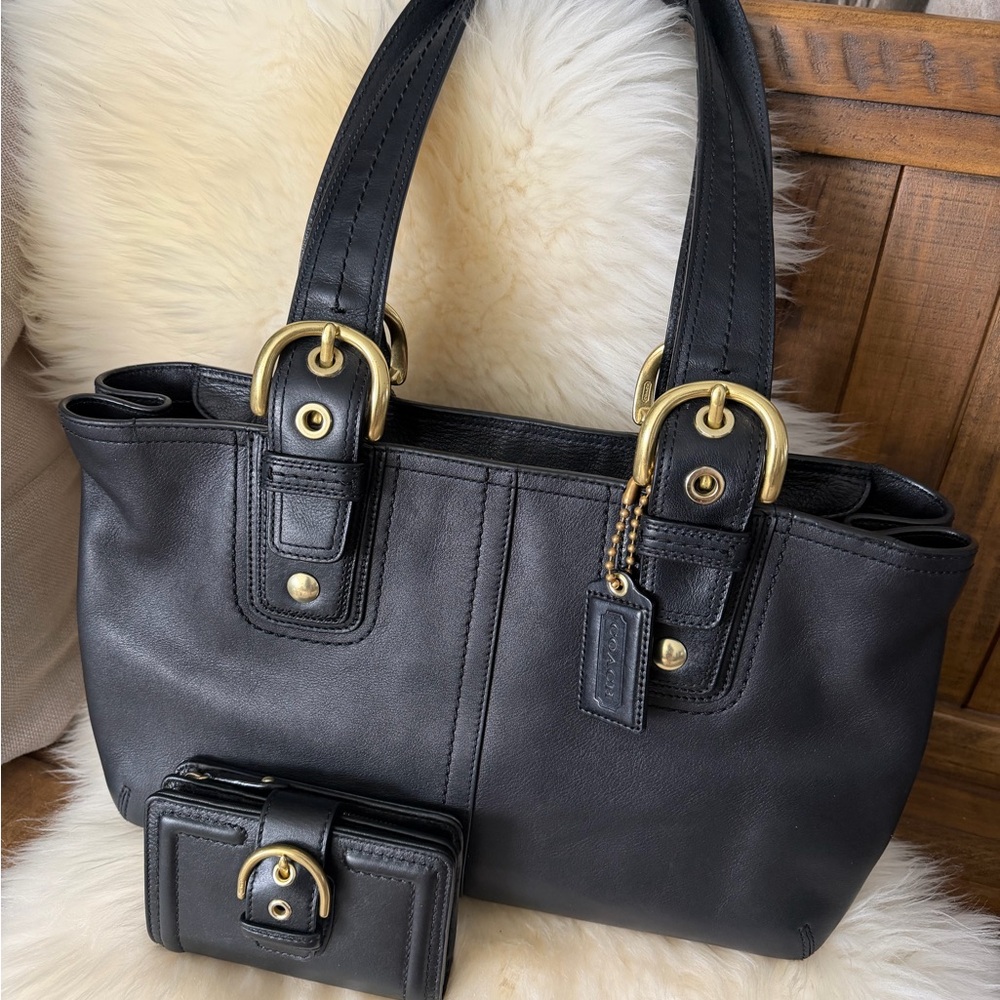 Coach Black Leather Soho Satchel Tote with Brass Hardware w/matching Wallet Y2K,